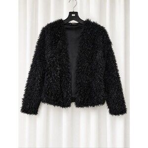 Gina Tricot Black Shaggy Faux Fur Cropped Open Front Soft Plush Cardigan Jacket